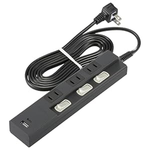 オーム電機 電源タップ 3個口 個別スイッチ付き PD対応Type-C/Type-Aポート付き 2m HS-TPU32PD23-K 00-1012