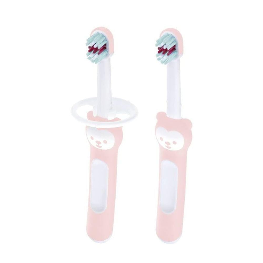 Mam Baby's Brush Baby Toothbrush Set of 2 Baby Toothbrushes with Safety Ring Short Handle Specific for Milk Teeth 6+ Months, Pink - 60g