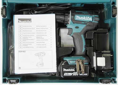 Makita DDF482RFJ Cordless Drill 18 V / 3.0 Ah, 2 Batteries and Charger in MAKPAC Black, Blue