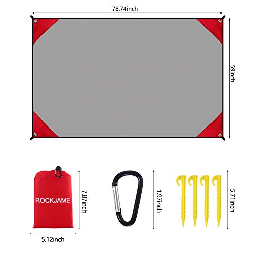Rockjame Beach Blanket Outdoor Picnic Blanket Compact Pocket Waterproof Ground Cover Sand Proof Crawling Mat 78”x59” with Carabiner Tent Pegs for Travel, Hiking, Camping, Festival, Sports - Thumbnail 4