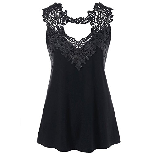 Click Here to See More Images NREALY Women Casual Lace Crochet Applique V Neck Tank Top Blouse Vest Tee(Black, Medium)
