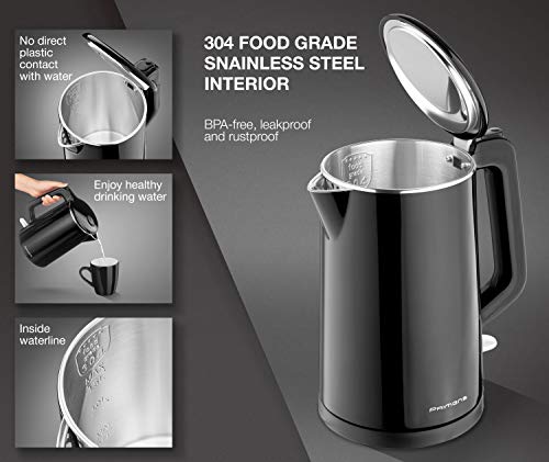 Premium Cordless Hot Water Electric Tea Kettle - Automatic Shut Off - Double Wall Cool Touch - Water Heater Boiler, Fast Boil - Portable Kettle - British Strix Ð¡ontroller