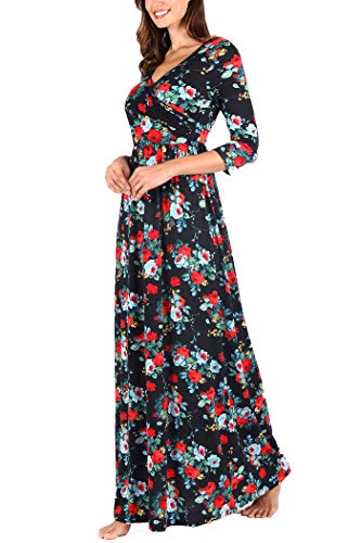 Comila Long Dress with Flutter Sleeves, Bohemian Floral Print Maxi Dress Petite Summer V Neck Wrap Long Dress Empire Waist Slimming Flattering A Line Dress Black/Red/Green L (US 12-14)