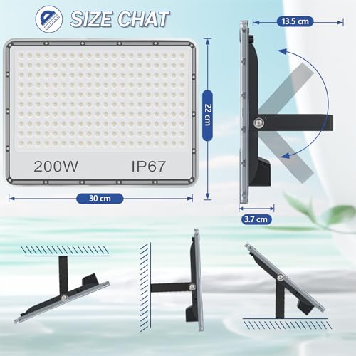 TASINUO Outdoor LED Spotlights 200W 2 Pieces, 20000LM 6500K Cool White Lights Outdoor, IP67 Waterproof Outdoor Light, Powerful LED Lamp for Garden, Terrace, Garage, Factory, Warehouse