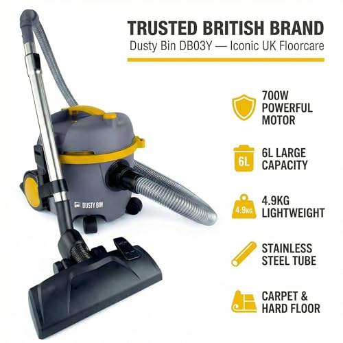Dusty Bin DB03Y Bagless Vacuum Cleaners - Lightweight Cylinder Vacuums for Hardfloor & Carpet, Large 6L Canister, Powerful Corded Vacuum Cleaner for Car, Stairs & Pet Hair, Compact & Portable Vacuums