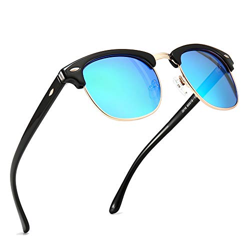 SUNGAIT 80s Sunglasses Retro Semi Rimless for Men Women (Black Frame (Glossy Finish)/Blue Mirror Lens) 3016 HKLA