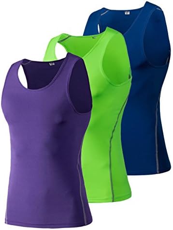 EASEA Men's 3 Pack Cool Dry Athletic Compression Tank Top Sport Base Layer Sleeveless Vest Blue Green Purple Small