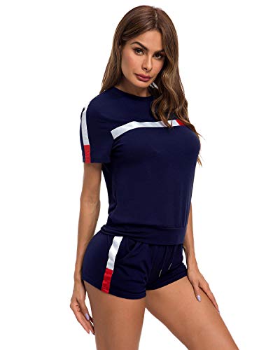 TOP-MAX Women's 2 PCS Tracksuit Round Neck Long Sleeve Top Stripe Long Pants Jumpsuit Outfits Set for Sport - Thumbnail 4