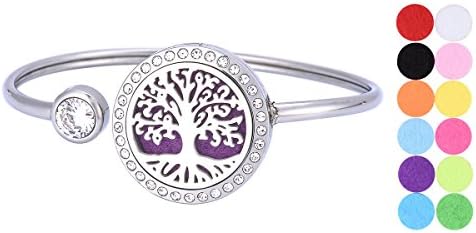 Diffuser Bangle Stainless Steel Tree of Life Aromatherapy Essential Oil Diffuser Locket Bangle Bracelet with Crystal 12 Color Pads for Girls Women Jewelry Gift 20cm