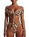PRETTYGARDEN Women's Two Pieces Leopard Print Knot Front Crop Off-Shoulder High Cut Bandeau Bikini Sets Bathing Suit