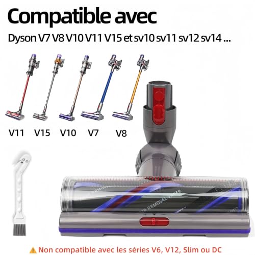 Brosse Motorisée High Torque Compatible avec Dyson V15 V11 V10 V8 V7, Tête d'Aspirateur Anti-Enchevêtrement de Rechange pour Poils d'animaux Tapis et Sols Durs, Aspiration Réglable