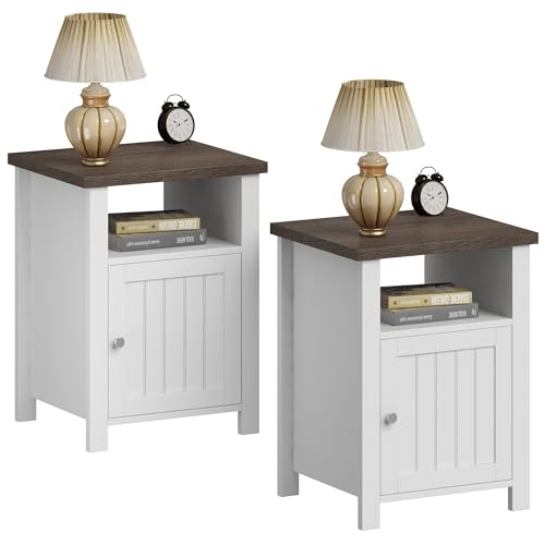 ChooChoo Set of 2 Farmhouse Nightstand, Rustic Vintage End Side Table with Storage for Bedroom Living Room, White