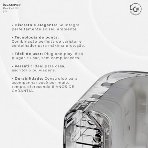 Protetor Contra Surtos Elétricos (DPS) CLAMPER 127/220V, 10 Amperes, 3 Pinos, para PC, PS5, Xbox, Smartphone, Monitor, Impressora, etc - iCLAMPER Pocket Fit 3P 10A Transparente LCF, Bivolt