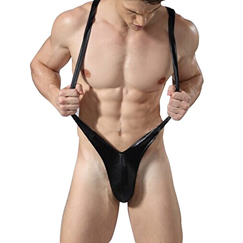 YiZYiF Men's Faux Leather Wetlook Bodysuit One Piece V-shaped Underwear