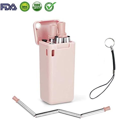 Siewad Upgraded Collapsible Reusable Straw with Case, Foldable Stainless Steel Straws Portable Drinking Straw with Case & Cleaning Brush & Keychain (Pink)