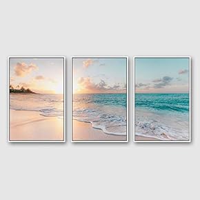 Framed Canvas Wall Art for Living Room, Bedroom Ocean Sea Beach Canvas Prints for Modern Home Decoration Ready to Hang - 16"x24"x3 Panels