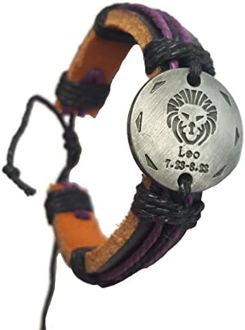 Pewter Coin Zodiac Adjustable Leather Bracelet with Colorful String Unisex with Metal Zodiac Sign Logo Charm Silver Tone (Leo)