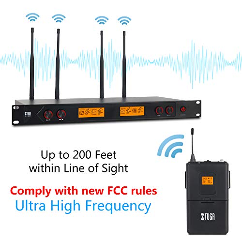 XTUGA A400 Metal receiver 4-Channel UHF Wireless Microphone System with 4 Bodypack for Stage Church Use for Family Party, Church, Small Karaoke Night (Frequency B)