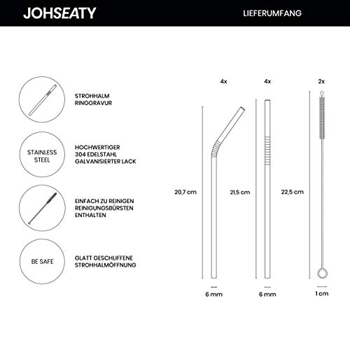 JOHSEATY Wiederverwendbare Strohhalme aus hochwertigem Edelstahl Schwarz 4 STK. gebogen + 4 STK. gerade 21.5x0.6cm + 2… – Bild 2