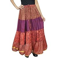 Womens Flare Skirt Silk Sari Multi Long Belly Dance Tiered Flirty Skirts L