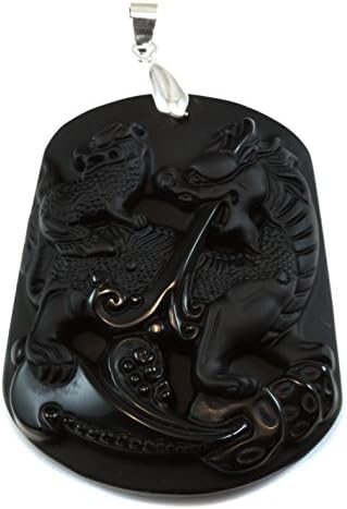Spyglass Designs Obsidian Pendant Large Silvertone Necklace Bail Carved Fired Dragon Face 2 Inches Long