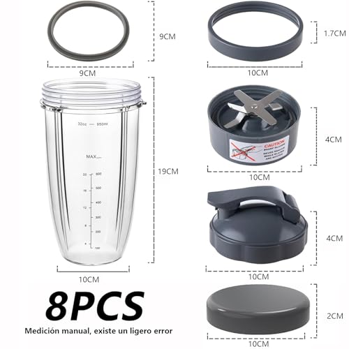 8Pcs Repuesto de taza y cuchilla de licuadora,compatible con licuadora NutriBullet de 600 W/900 W,2 Vaso 950ml,1 Tapa abatible,Anillo de tapa y hoja extractora,2 Juntas de goma,1Tapa selladora