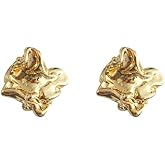 Romlibr Geometric Rectangle Gold Stud Earrings for Women Irregular Dainty Thick Stud Hammered Chunky Statement Square Earrings Jewelry Gift