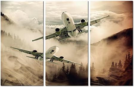 Home Canvas Artwork Two Airplane Flying Through Mountains Picture Prints Stretched Painting Set of 3 Wall Art Home Decor for Living Room Bedroom Kitchen Ready to Hang 12x24inchx3pcs