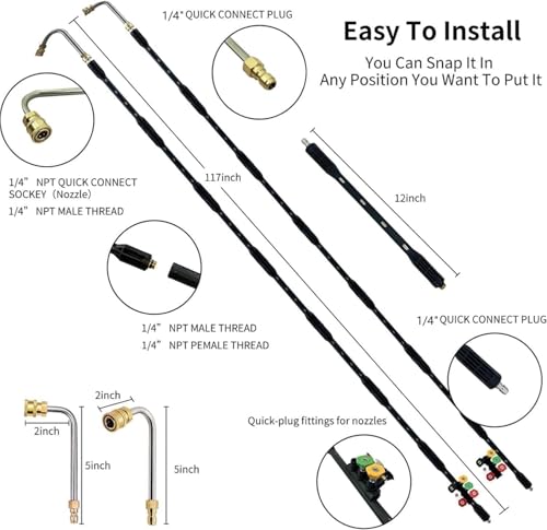 HoldOneLight Extension Rods for High Pressure Washer, Set of 10 with Karcher K2-K7 Adapter, Gutter Cleaner 4000 PSI, Quick Connect 1/4", 6 Multi-Purpose Nozzles