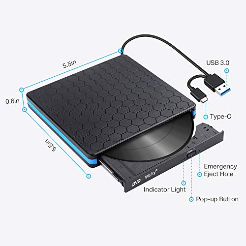 Wsky External CD DVD Drive, USB 3.0 Portable CD DVD Optical Drive, USB C High Speed Writer Burner Drive, Compatible with Laptop Desktop PC Windows XP/2003/Vista/7/8.1/10, Mac OS System, Linux