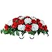 Sympathy Silks Artificial Cemetery Flowers Saddle-Arrangement - Red Rose & White Mums Silk Fake Flowers for Outdoor Grave-Decorations - Non-Bleed Colors, Easy Fit