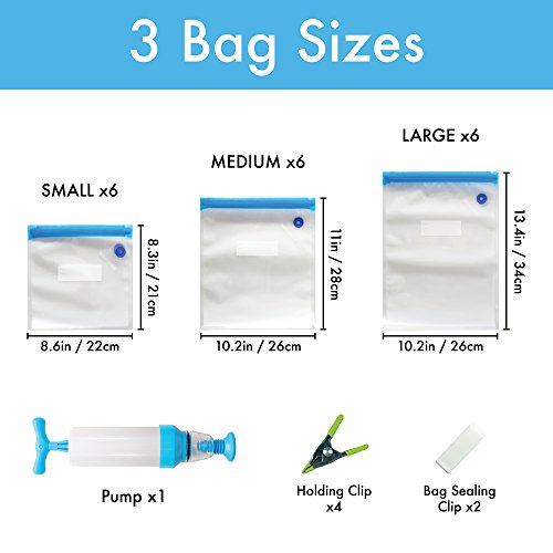 Sous Vide Bags Kit for Anova or Joule Cookers - 18 Reusable Food Vacuum Sealer Bags, 1 Hand Pump, 2 Bag Sealing Clips and 4 Sous Vide Clips - Practical for Food Storage and Cooking BPA Free