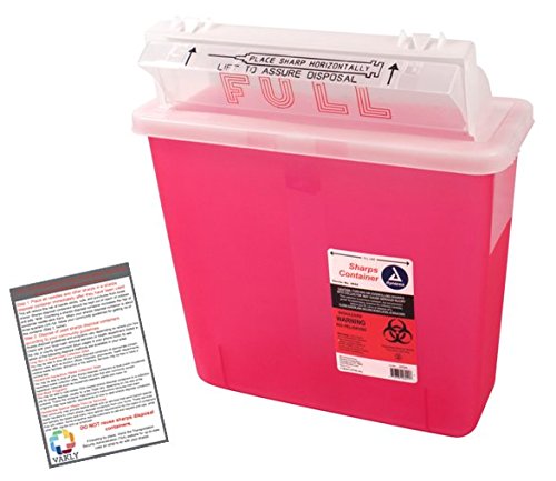 Sharps Container 5 Quart with Mailbox Style Lid - Plus Vakly Biohazard Disposal Guide (1 Pack)