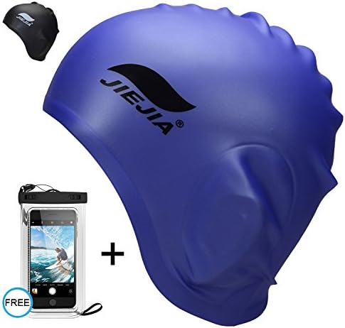 Silicone Swim Cap for Long Hair - Blue Swimming Hat for Women Ladies Men Adult - Waterproof Swim Caps that Keep Hair Dry - Non Latex Swimming Hair Cap - Large Swimming Pool Cap | Free Waterproof Case