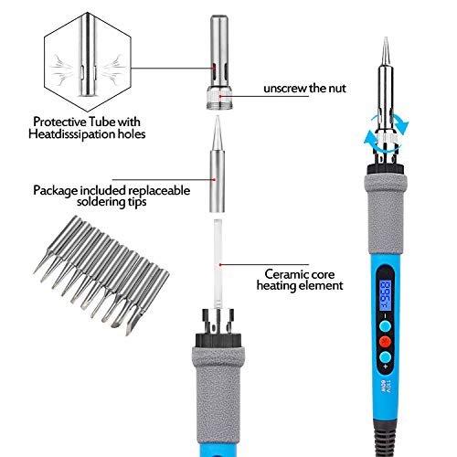 Soldering tools with Thermostatic Digital-Controlled and LCD Screen Display, djustable 80℃/356℉-480℃/896℉ with 10 PCS Soldering Bits, Soldering Iron Kit 60W 110V-Adjustable Temperature - Thumbnail 2