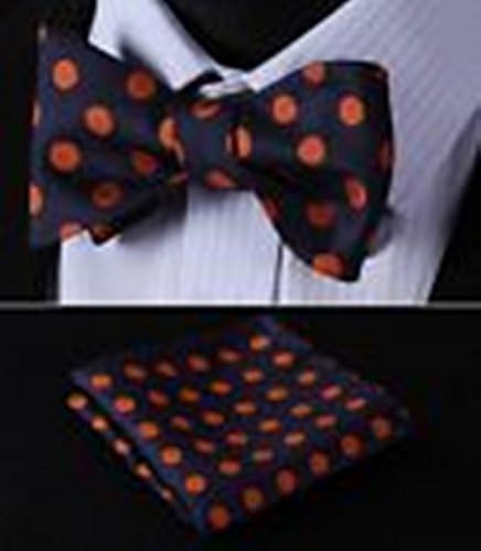 Mondaily DL3001J Navy Blue Orange Polka Dot Men Woven Silk Self Bow Tie Pocket Square Set #PPTE4741