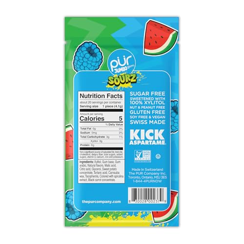 PUR JUMBO SOURZ GUM | ASPARTAME FREE CHEWING GUM | 100% XYLITOL | NATURAL FLAVOR | SOUR BLUE RASPBERRY, SOUR WATERMELON, 20 PIECES (PACK OF 1)