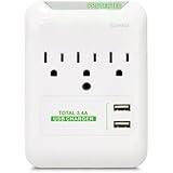 3-outlet Slim Wall Mount & Surge Protector with 2 USB Ports (3.4A total) for Charging Iphone, Ipad, Samsung Galaxy, Tablets & More