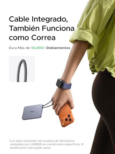 UGREEN MagFlow Air Qi2 15W 10000mAh Power Bank Ultra Delgada Batería Portátil con MagSafe, PD 30W Cable USB-C Integrado, Carga Inalámbrica Magnética Compatible con iPhone 17/16/15/14 Series Negro