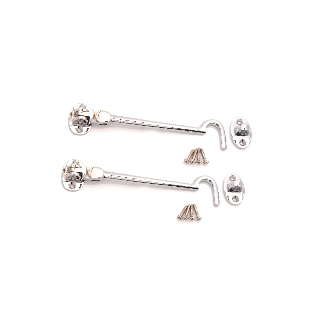 Infinity Decor Pack of 2 Cabin Hook and Eye Solid Brass - Silent Door Latch Lock for Window, Garden Gate, Door - 6" 150mm (Polished Chrome)