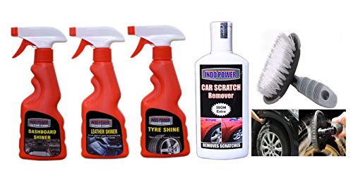 INDOPOWER KG1138-LEATHER Shiner Spray 250ml+ Dashboard Shiner Spray 250ml+TYRE Shiner Spray 250ml+ Scratch Remover 200gm.+All Tyre Cleaning Brush