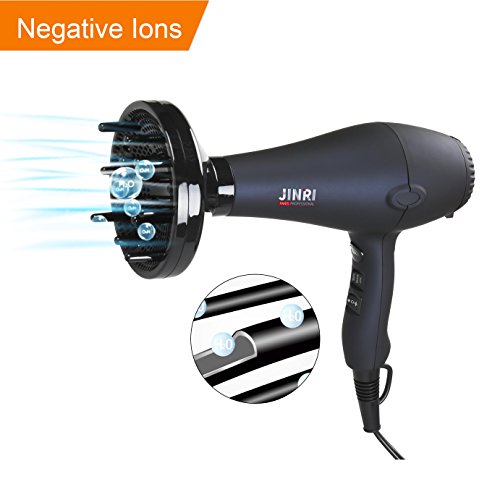 Jinri Professional 1875W DC Motor Light Weight Negative Ions Ceramic Ionic Hair Dryer ,With 3 Heat 2 Speed With Cool Shot Button ,With Concentrator & Diffuser Low Noise ,Black