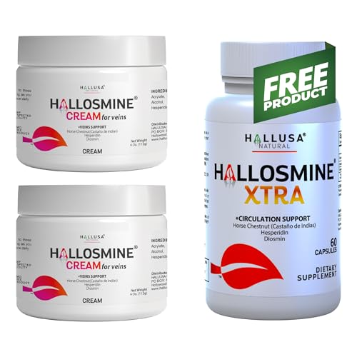Hallosmine Cream for Veins 2 Pack + Free Hallosmine EXTRA Diosmin + Horse Chestnut & Hesperidin - Leg Circulation, Varicose & Vein Support, 02 Cream (04 Oz, 112g) + 01 Bottle (60 Capsules)