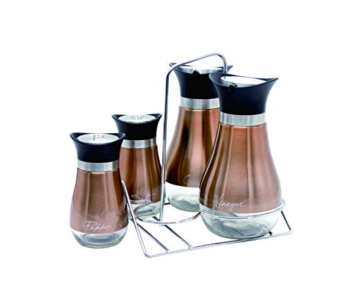 Le Regalo HW1241 5 Piece Condiment Set, Kitchen Storage, Salt and Pepper, Oil and Vinegar Dispenser and Rack, Copper - Thumbnail 2