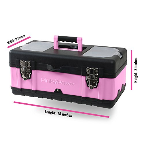 Pink Power Aluminum Tool Box for Tool or Craft Storage - 18 Inch Portable Tool Case with Locking Lid and Extra Storage Compartments - Thumbnail 3