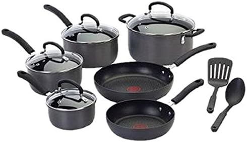 T-fal E765SC Ultimate Hard Anodized Scratch Resistant Titanium Nonstick Thermo-Spot Heat Indicator Anti-Warp Base Dishwasher Safe Oven Safe PFOA Free Cookware Set, 12-Piece, Gray