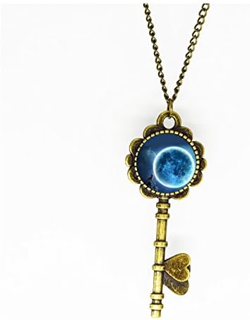 wolf and blue moon key pendant necklace,art painting key pendant,Glass dome cabochon key necklace,DIY Jewelry