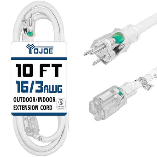 Photo 1 of YOJOE Indoor Outdoor Extension Cord with Lighted End, 3 Prong 13A Weatherproof Power Cord, 16 Gauge Heavy Duty 10 ft White Extension Cord for Garage, Garden and Home, 16/3 SJTW UL Listed