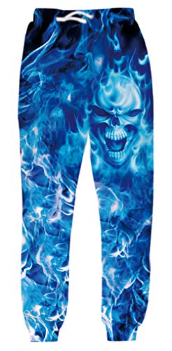 Belovecol Men's Sweatpants 3D Digital Printed Burning Flame Skull Pattern Sports Jogger Pants Drawstring Pockets Sportswear for Winter L