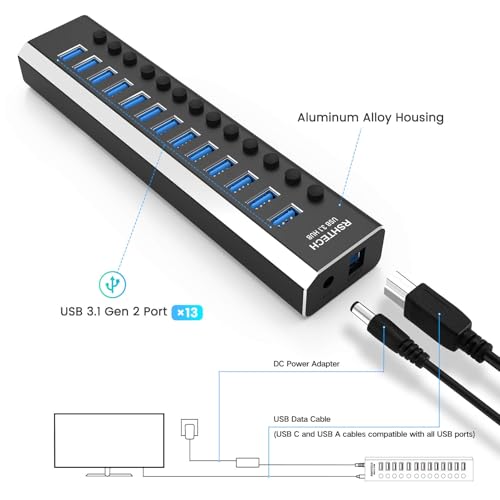 RSHTECH 2.RSH-A13 USB 3.0 Hub 13 Ports, Aluminium Multiport Hub with 12V/6A Power, Over Current and Overvoltage Protection, Independent Switch and Data Cable 10 Gbps